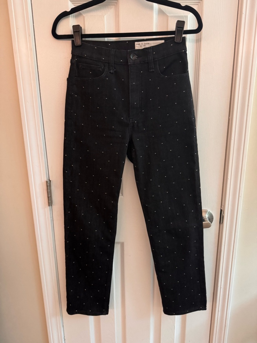 RAG & BONE Polka Dot Fern High-Rise Jeans Black Cropped Straight Leg Denim Sz 25